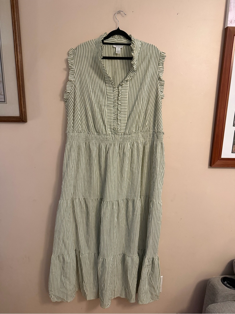 London Times Light Green and White Striped Ruffle V-Neck Tiered Midi Dress